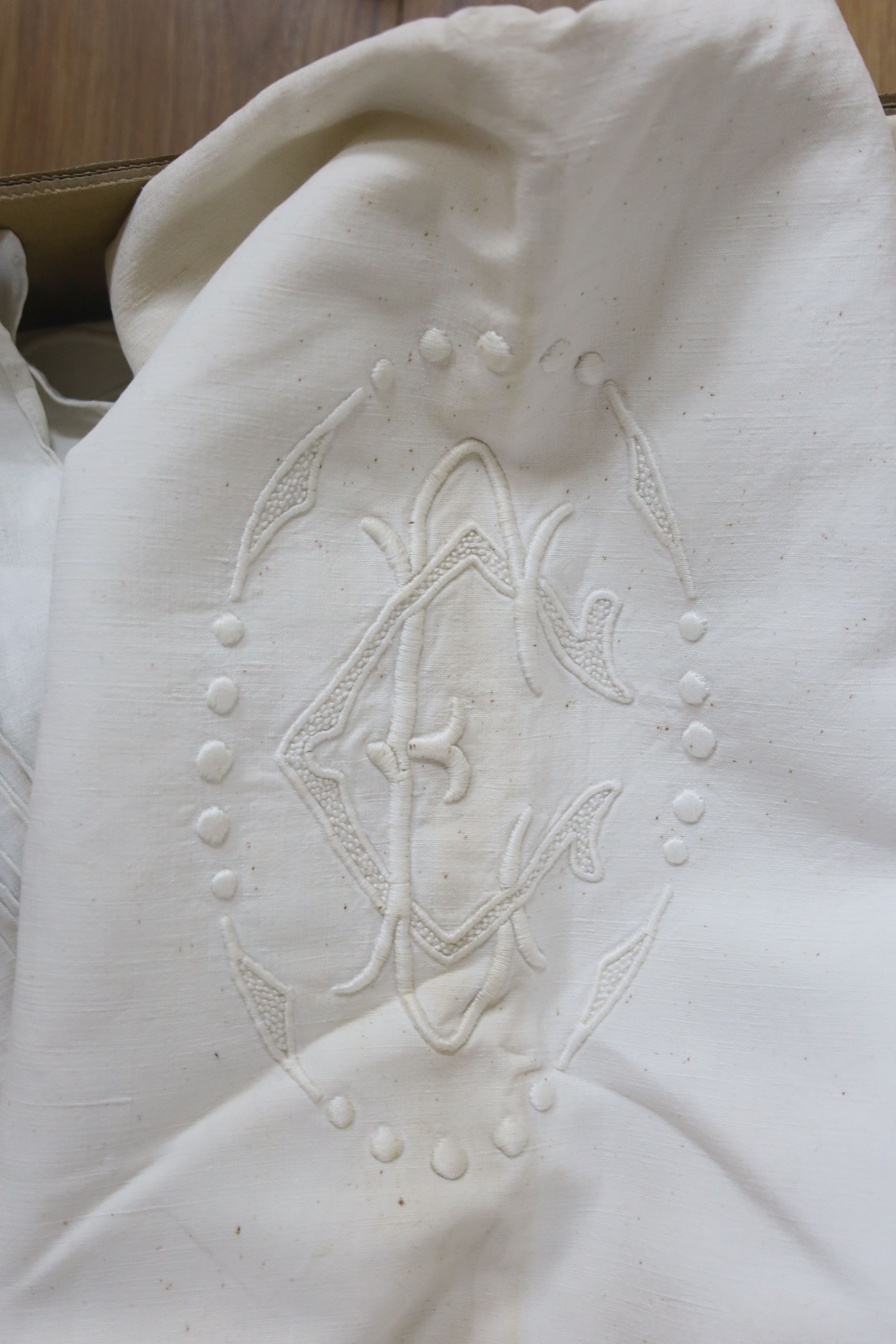 Six French provincial embroidered linen sheets